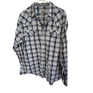 Moon Shine Spirit blue and red plaid snap front western shirt size L